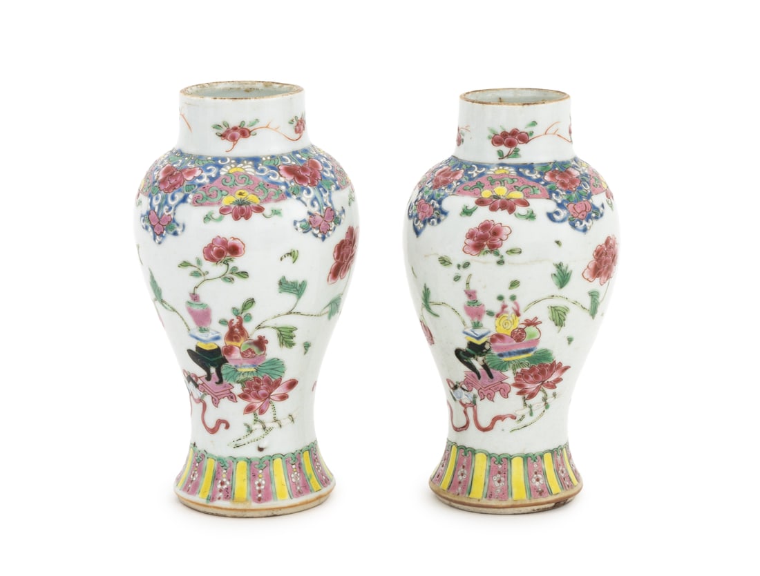 Chinese Famille Rose Porcelain Vases, Pair: Pair of Chinese Famille Rose Porcelain Vases, with floral and still life scene motif, unmarked. 5.5" H x 3" Diameter. Provenance: From a 955 Fifth Avenue Apartment. Keywords: Meiping, Chinese ceramics