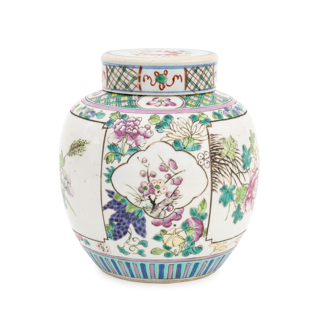 Chinese Famille Rose Porcelain Ginger Jar: Chinese Famille Rose Porcelain Ginger Jar, hand-enameled with floral vignettes. 7.75" H x 7" Diameter. Provenance: From a 955 Fifth Avenue Apartment. Keywords: Asian Art, Chinese ceramics, China,