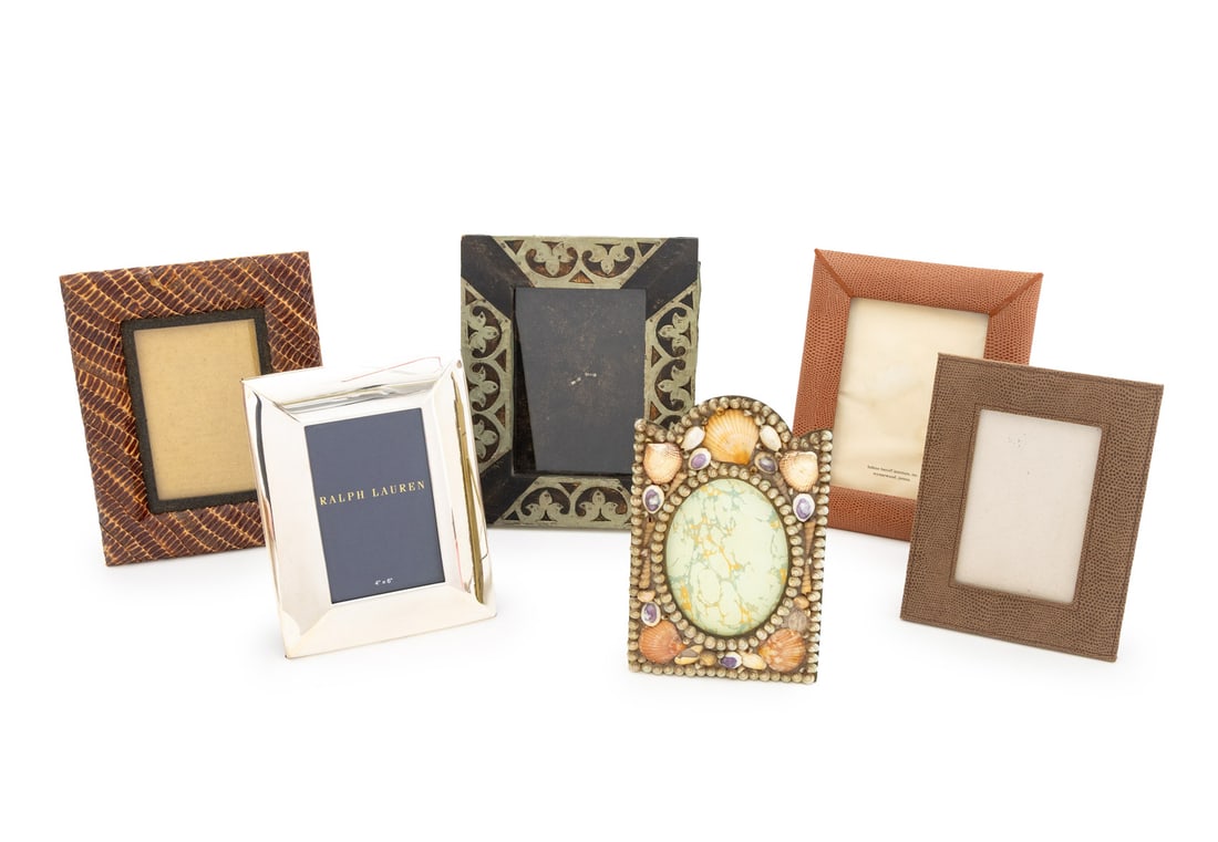 Ralph Lauren, Etc. Picture Frames, 5: Collection of Five Picture Frames, comprising: Ralph Lauren silver plate frame, marked, Jennifer Graham fleur de lis motif silver-tone metal mounted carved wood frame, marked "Jennifer Graham" on the