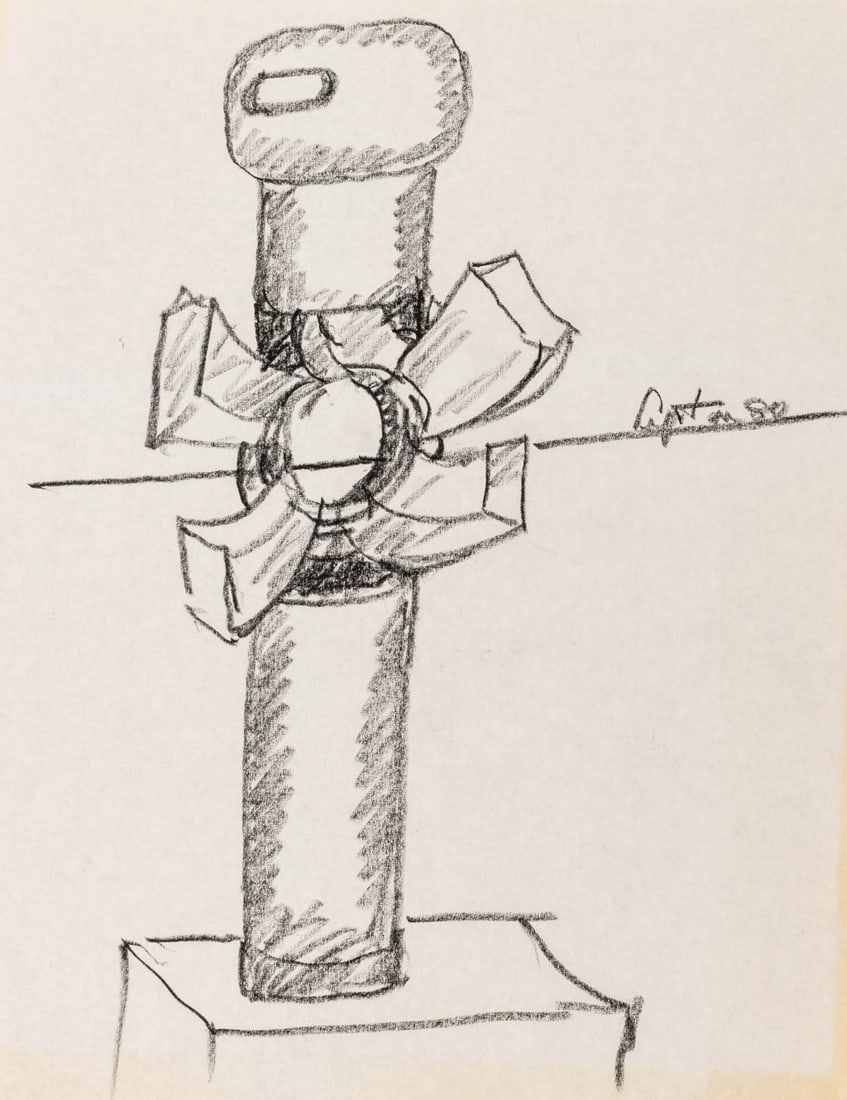 Seymour Lipton Sculpture Study Sketch, 1980: Seymour Lipton (American, 1903-1986), Abstract Expressionist Sculpture Study Sketch, Oil Crayon on Paper, 1980, signed and dated lower right, unframed. 11" H x 8.5" W. Provenance: From a Brooklyn Coll