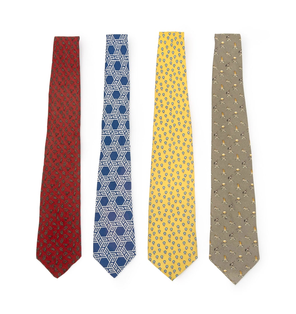 Hermes Silk Ties, 4: Group of Four Hermes Silk Ties, each with label and comprising: one knot pattern on red ground, one geometric pattern on blue ground, one stylized flower print on yellow ground, and one farm animal pr