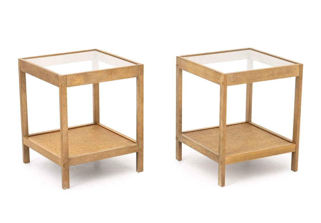 Modern Glass Top Side Tables, Pair: Pair of Modern Glass Top Side Tables, each with woven rattan undertier. 22.25" H x 18" W x 18" D. Provenance: From a New York City Collection. Keywords: Contemporary Furniture, Two-tier tables, End ta