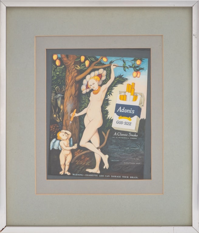 A.M. Parkin "Cigarette Ads ..." Gouache on Paper: Anthony Montague Parkin (British, 1943-2012), "Cigarette Ads Can Damage Your Brain", Gouache on Paper, painting of a satirical cigarette advertisement for Adonis God Size cigarettes with a nude woman