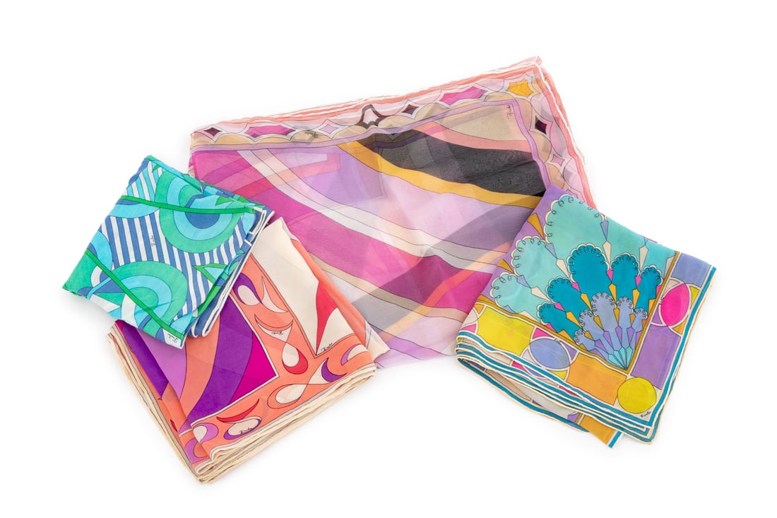 Emilio Pucci Scarves, 4: Group of Four Emilio Pucci Scarves, comprising: a silk chiffon rectangular scarf with "Emilio Pucci / Firenze" and "100% Silk" labels, a square cotton scarf with green and blue abstract pattern, and t