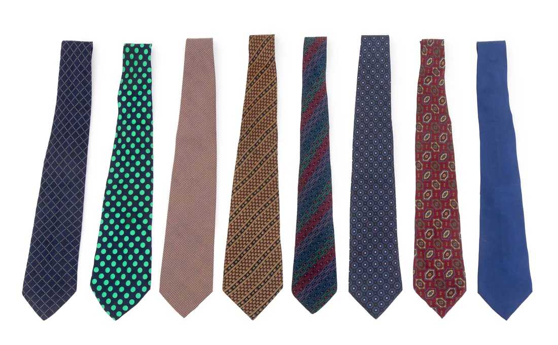 Italian Designer Silk Ties, 8: Group of Eight Italian Designer Silk Ties, comprising: a Fendi burgundy red tie, a Hubert patterned tie, a Missoni multicolored print tie, a Nicky Milano tie, two Luigi Borrelli Napoli navy blue