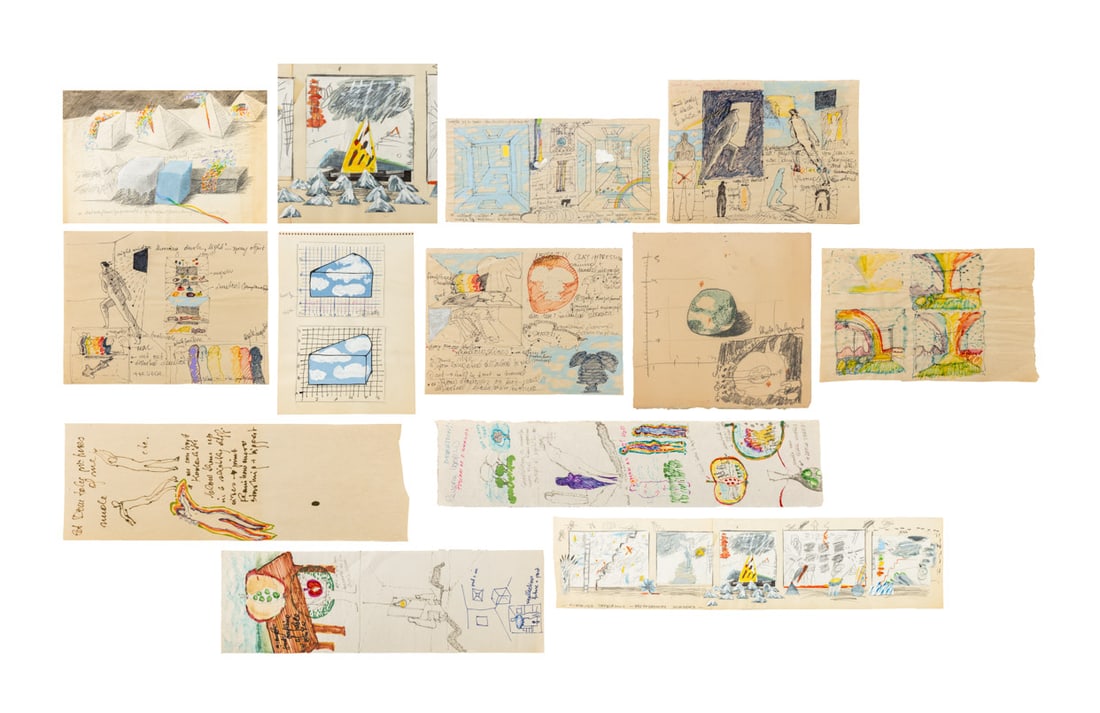 Elfi Schuselka Preliminary Drawings, 12: Elfi Schuselka (Austrian, b. 1940), Group of 12 Preliminary Surrealist Drawings, Mixed Media on Paper, one depicting rainbow pyramids, and one titled "Climbing Parnasus - NYU Windows", unsigned, some