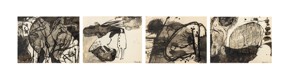 Elfi Schuselka Figural Abstract Watercolor, 4: Elfi Schuselka (Austrian, b. 1940), Four Figural Abstract Compositions, Watercolor on Paper, depicting black and white abstract portraits and rock landscape scene, one signed lower right, one signed
