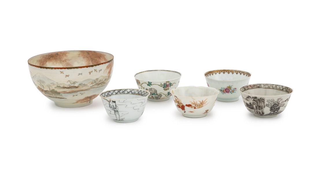 Japanese & Chinese Eggshell Porcelain, 6 Pcs.: Six Pieces of Japanese and Chinese Eggshell Porcelain, comprising: one Japanese bowl hand-painted with an Autumn Mount Fuji landscape scene and marked to underside, two Chinese famille rose