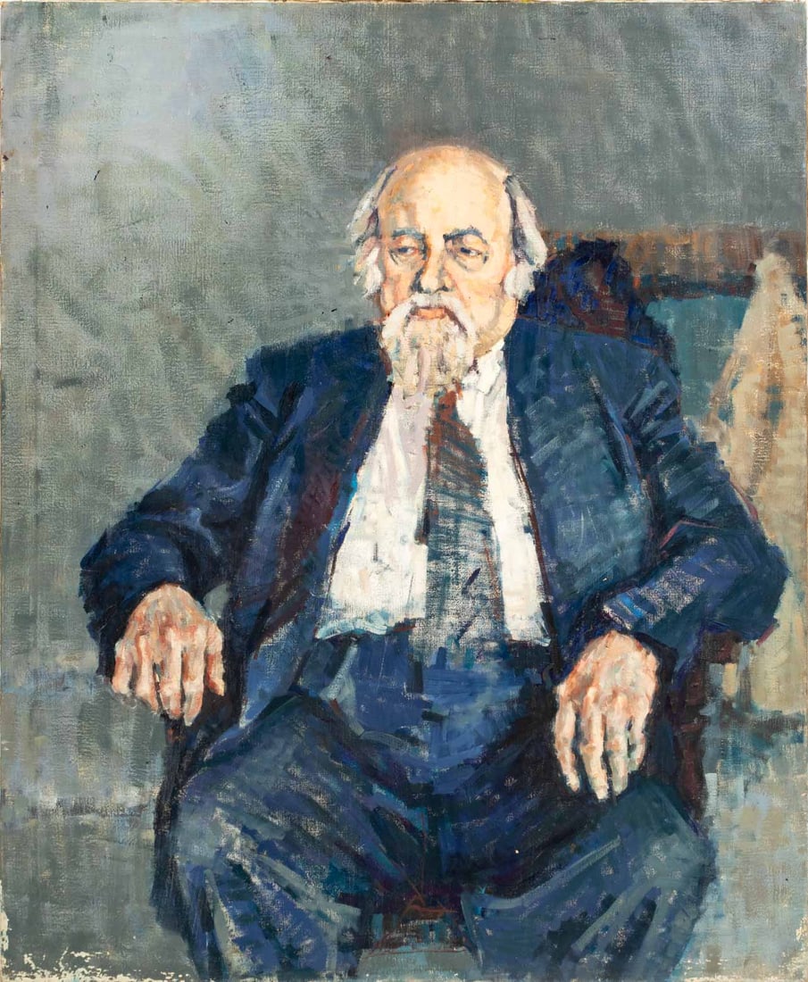 Signed Portrait of an Elderly Man Oil on Canvas: 20th Century School, Portrait of an Elderly Man, Oil on Canvas, depicting seated man in blue business suit, signed "Caplin", marked "Brackman AM" and partial Art Students League of New York label
