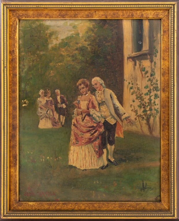 Leon Carvolla Courting Couple Oil on Masonite: Leon Carvolla (XX-XXI), Courting Scene, Oil on Masonite, circa 1950, signed to lower left, giltwood frame. Image: 13.25 H x 10.25" W; frame: 16.5" H x13.5" W. Provenance: From a New York City