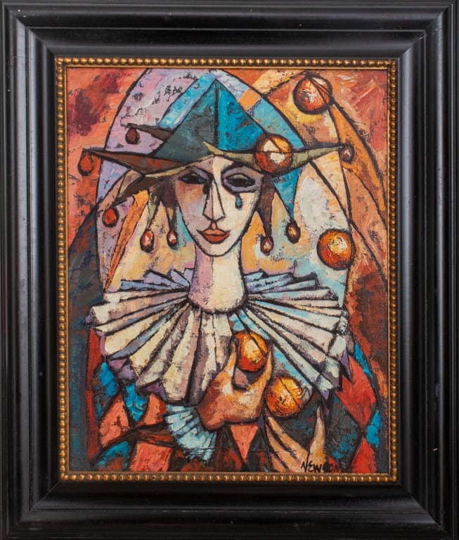 Bill Newsom "Harlequin" Oil on Canvas, 1977: Bill Newsom (American, XX-XXI), "Harlequin", Oil on Canvas, 1977, signed lower right, signed and titled verso, ebonized wood frame. Image: 29.5" H x 24.5" W; frame: 40" H x 34" W. Provenance: From a