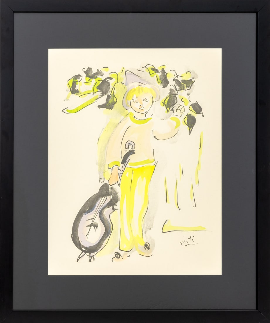 Marcel Vertes Pierrot Offset Lithograph: Marcel Vertes (French, born Hungary, 1895-1961), Pierrot with Guitar, Offset Lithograph in Colors, signed in print lower right, ebonized wood frame. Image: 25.5" H x 19.5"; frame: 37" H x 31" W x