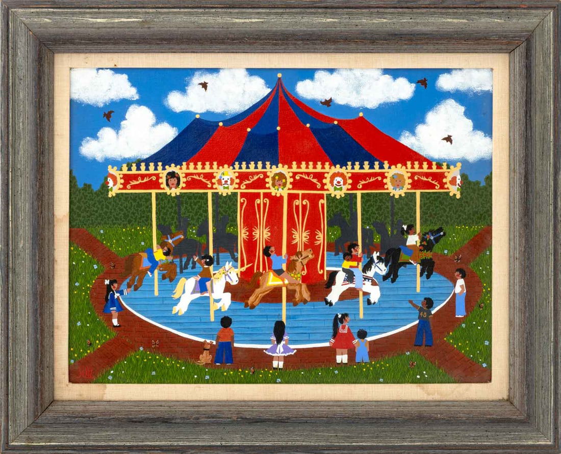 Merry Kohn Carousel Acrylic on Canvas: Merry Kohn (American, b. 1951), Carousel, Acrylic on Canvas, signed lower left, gray painted wood frame. Image: 11.75" H x 15.5" W; frame: 16.75" H x 20.75" W x 1.25" D. Provenance: From an Upper