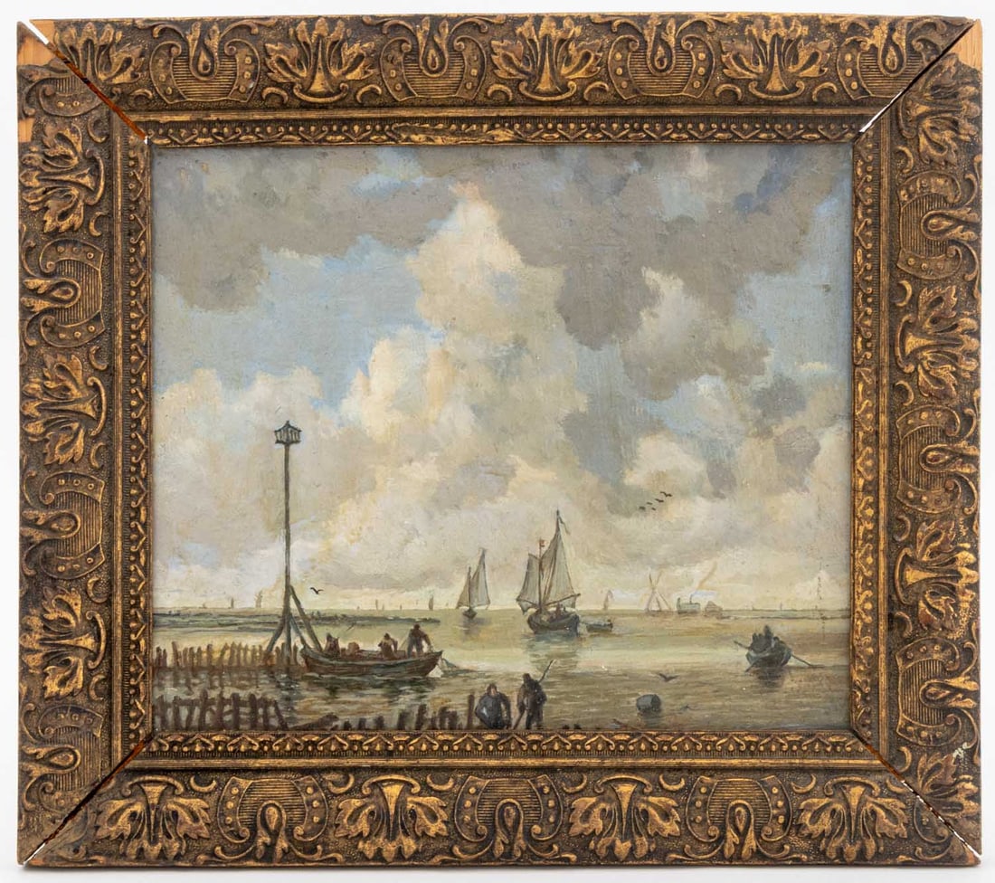French Coastal Scene Oil on Panel, 19th C.: French School, Coastal Landscape Scene, Oil on Panel, 19th century, Hungarian auction label verso, giltwood frame. Image: 7.5" H x 9.25" W; frame: 11.25" H x 12.75" W x 0.75" D. Provenance: From a