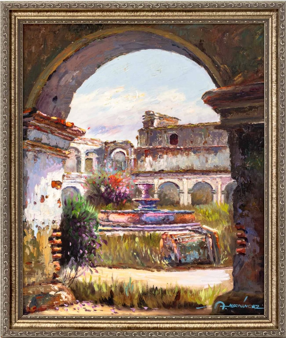 Illegibly Signed Garden Scene Oil on Canvas: 20th Century School, Garden Scene with Fountain, Oil on Canvas, signed "...Hernandez" lower right, silvered wood frame. Image: 27.25" H x 19.25" W; frame: 27.25" H x 23" W x 2" D. Keywords: