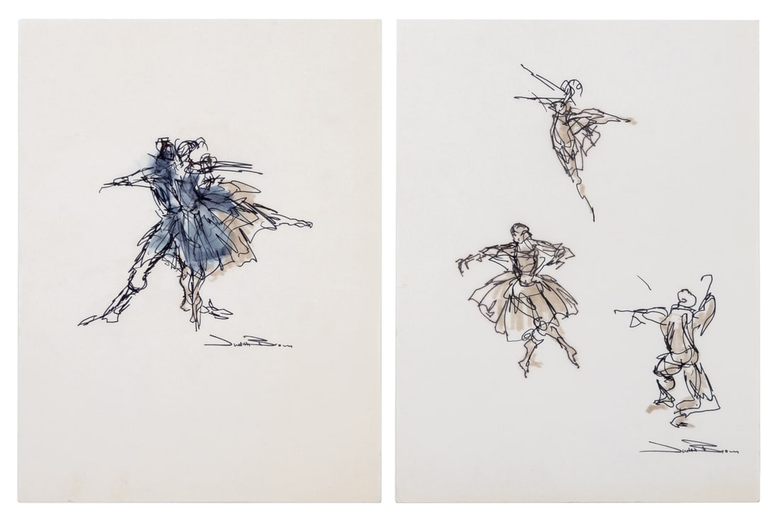 Judith Brown Dancer Sketches Ink and Wash, 2: Judith Brown (American, 1931-1992), Two Dancer Sketches, Ink and Wash on Tracing Paper, signed lower right, unframed. Each: 12" H x 9" W. Provenance: From the Collection of Laura and Lewis Kruger.