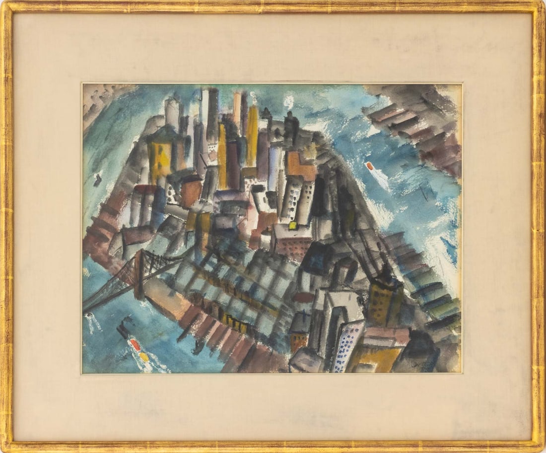 Nathaniel Dirk View of Manhattan Watercolor, 1929: Nathaniel Dirk (American, 1895-1961), Aerial View of Manhattan, Watercolor on Paper, 1929, signed and dated lower right, giltwood frame. Image: 13.5" H x 18" W; frame: 21.5" H x 25.75" W x 1" D.