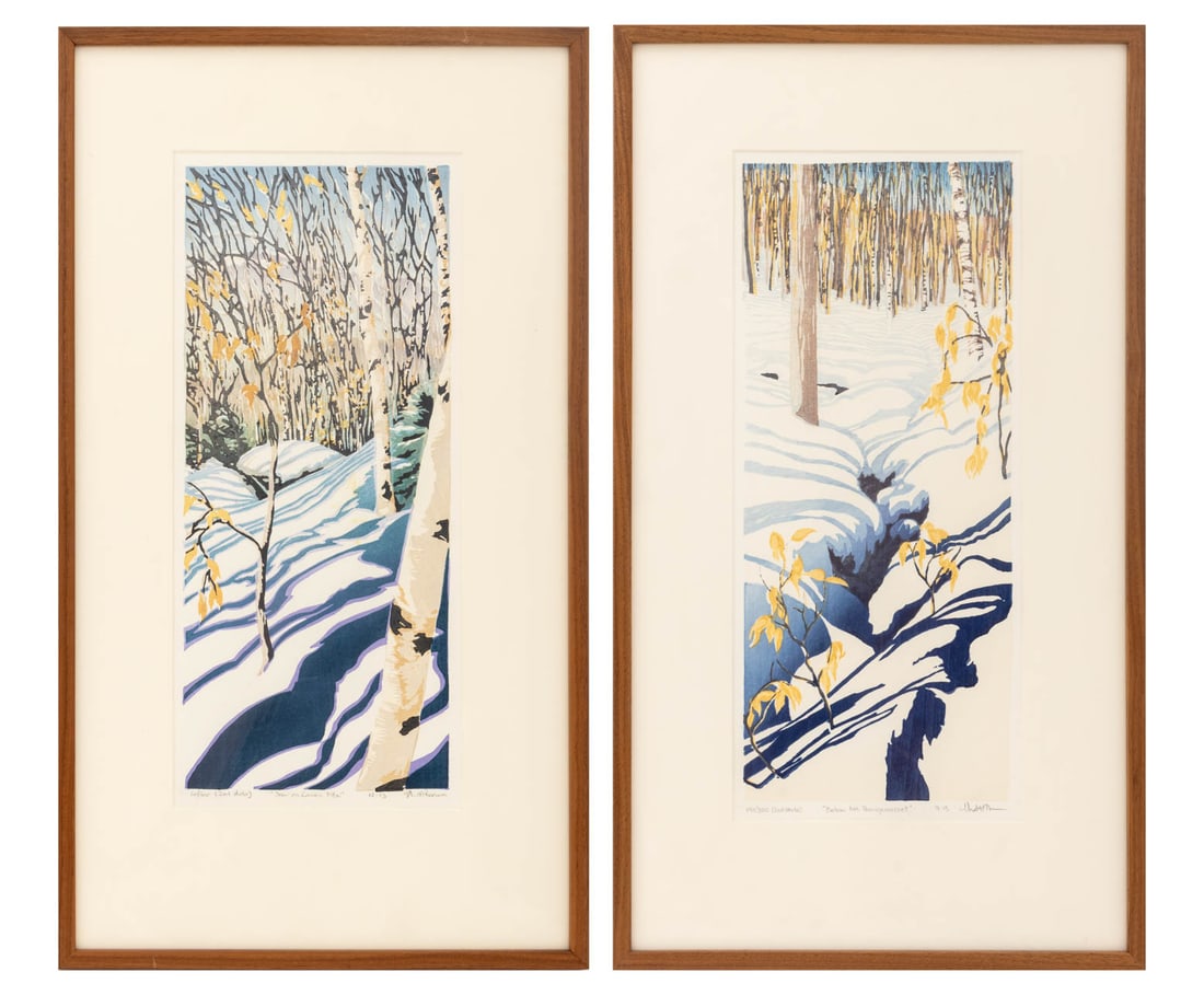 Matt Brown Winter Landscape Woodblock Prints, 2: Matt Brown (American, b. 1958), Two Winter Landscape Scenes, Woodblock Prints in Colors, comprising: "Snow on Cannon Mtn.", 2013, signed in pencil lower right and numbered edition "20/300 (2nd state)