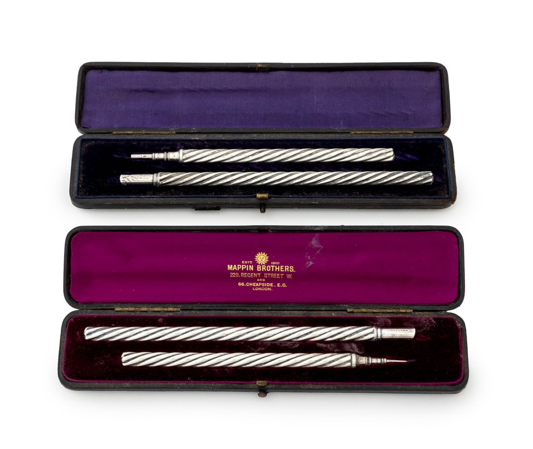 S. Mordan & Co. Silver Writing Tools, 4: Group of Four S. Mordan and Company Silver Writing Tools, comprising: two-piece pencil and quill pen holder sets, one set marked "S. Mordan & Co.", each in fitted case. Silver tested. Weight: 1.90