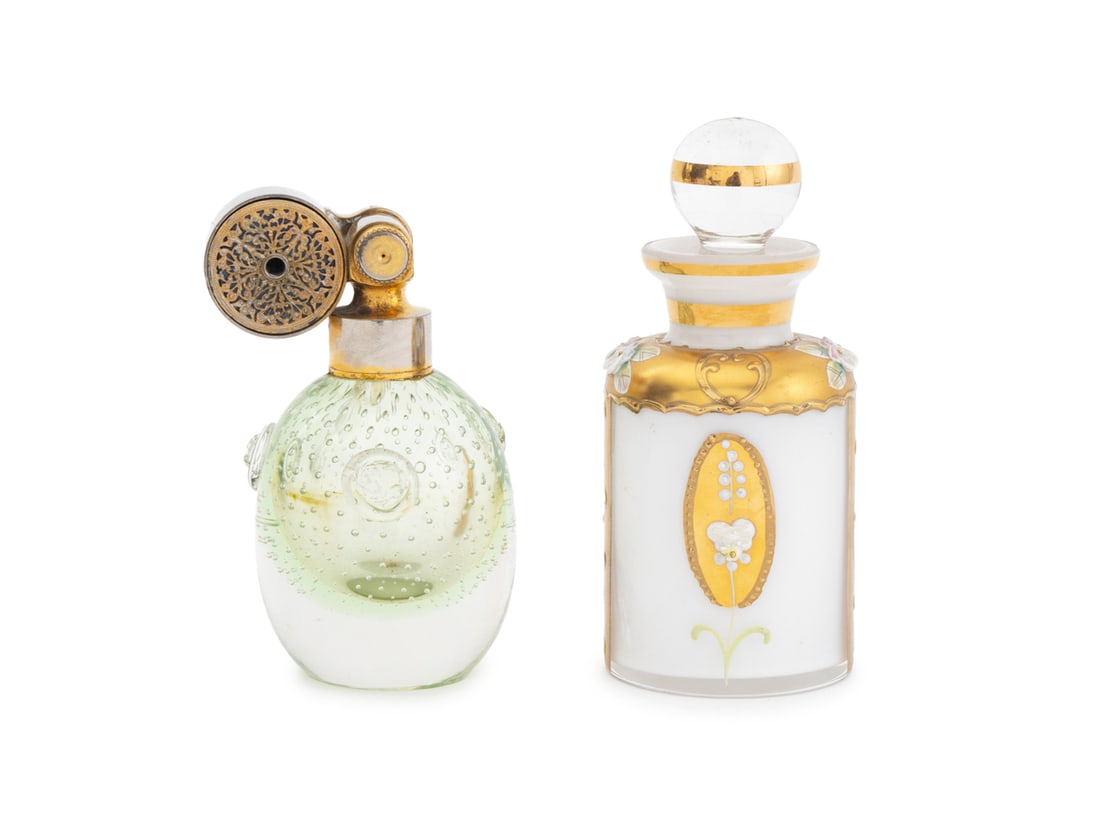 Marcel Franck, Etc. Art Glass Perfume Bottles, 2: Two European Art Glass Perfume Bottles, one Marcel Franck gilt metal and glass atomizer, the vessel in green glass with controlled bubbles and applied pontils, the metal marked "Escale Bte SGDG /