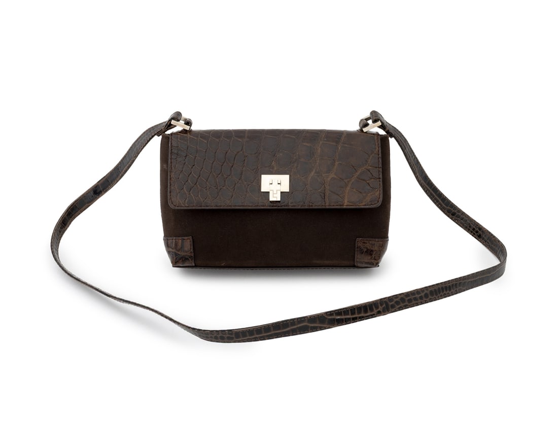 Lambertson Truex Brown Crocodile Handbag: Lambertson Truex Brown Crocodile and Canvas Handbag, with shoulder strap and front flap, marked inside. Bag: 5" H x 8.75" W x 2.5" D. Provenance: Property from a Bunny Williams decorated 5th Avenue