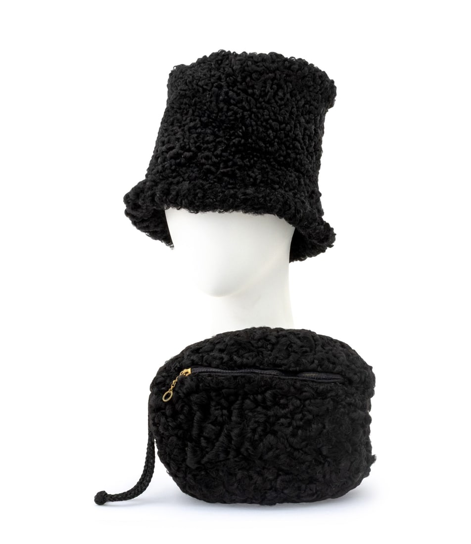 Black Persian Lamb Accessories, 2: Group of Two Black Persian Lamb Accessories, comprising: bucket hat and muff with single zipper and change purse. Hat: 7.5" H x 8.5" Diameter. Provenance: From a New York City Collection. Keywords: