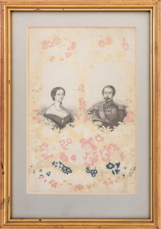 Napoleon III & Empress Eugenie Silk Embroidery: Napoleon III and Empress Eugenie Silk Embroidery, mid-19th century, giltwood frame. Image: 8.5" H x 5.5" W; frame: 12" H x 8" W. Provenance: Property from a 30 Waterside Plaza Estate. Keywords: Fabric