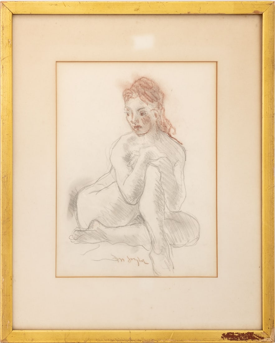 Moses Soyer Seated Nude Woman Charcoal: Moses Soyer (American, born Russia, 1899-1974), Seated Nude Woman, Pastel and Charcoal on Paper, signed "M. Soyer" lower center, giltwood frame. Image: 13.25" H x 9.75" W; frame: 21" H x 17 W x 0.75"
