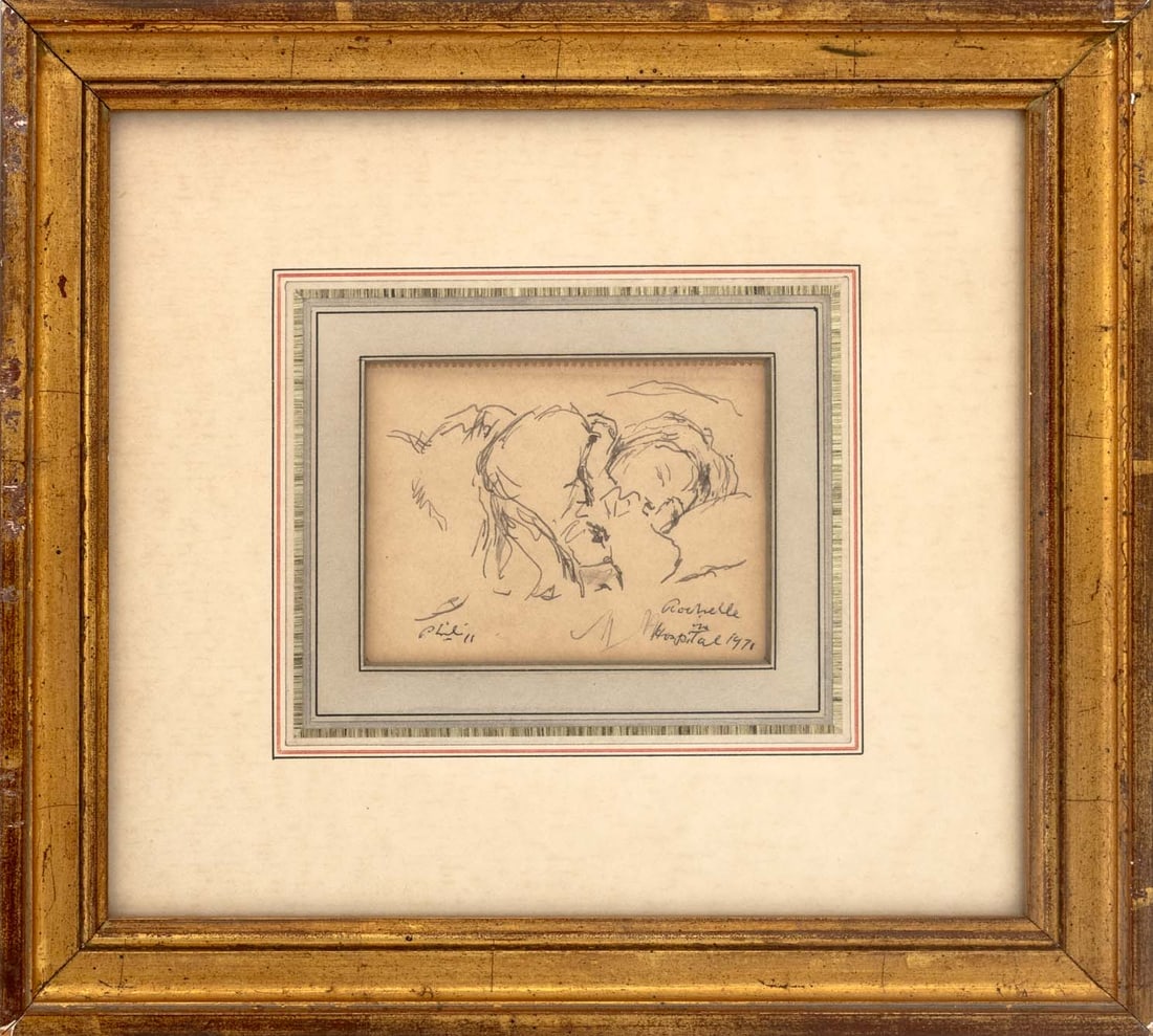 Robert Philipp "Rochelle in Hospital" Ink, 1971: Robert Philipp (American, 1895-1981), "Rochelle in Hospital", Ink on Paper, 1971, signed lower left, titled and dated lower right, giltwood frame. Image: 2.5" H x 3.5" W; frame: 9.25" H x 10.25" W x 1