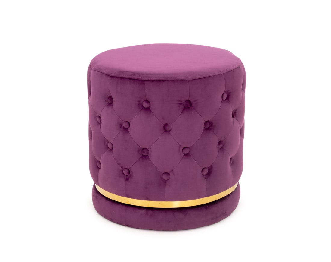 Sunpan Modern Button-Tufted Swivel Ottoman: Sunpan Modern Purple Fabric Upholstered Button-Tufted Swivel Ottoman, label to underside. 19" H x 18.5" Diameter. Provenance: From a Bronxville Collection. Keywords: Contemporary Furniture, Seating, P
