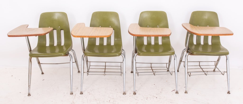Virco 9000 Series School Chairs, ca. 1960, 4: Set of Four Virco 9000 Series School Chairs, ca. 1960, green acrylic seats and laminate wood writing surface on chrome-plated legs conjoined by undertier, marked "Visco / Martest / Los Angeles, Califo