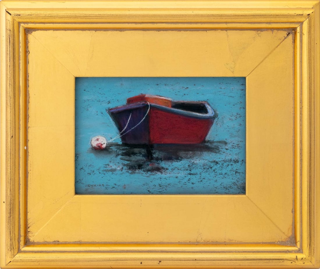 Barbara Jenkins "Red Boat" Pastel on Paper: Barbara Jenkins (American, XX-XXI), "Red Boat", Pastel on Paper, signed in pencil lower left, artist label verso, giltwood frame. Image: 4.5" H x 6.5" W; frame: 10.5" H x 12.5" W x 1.5" D.