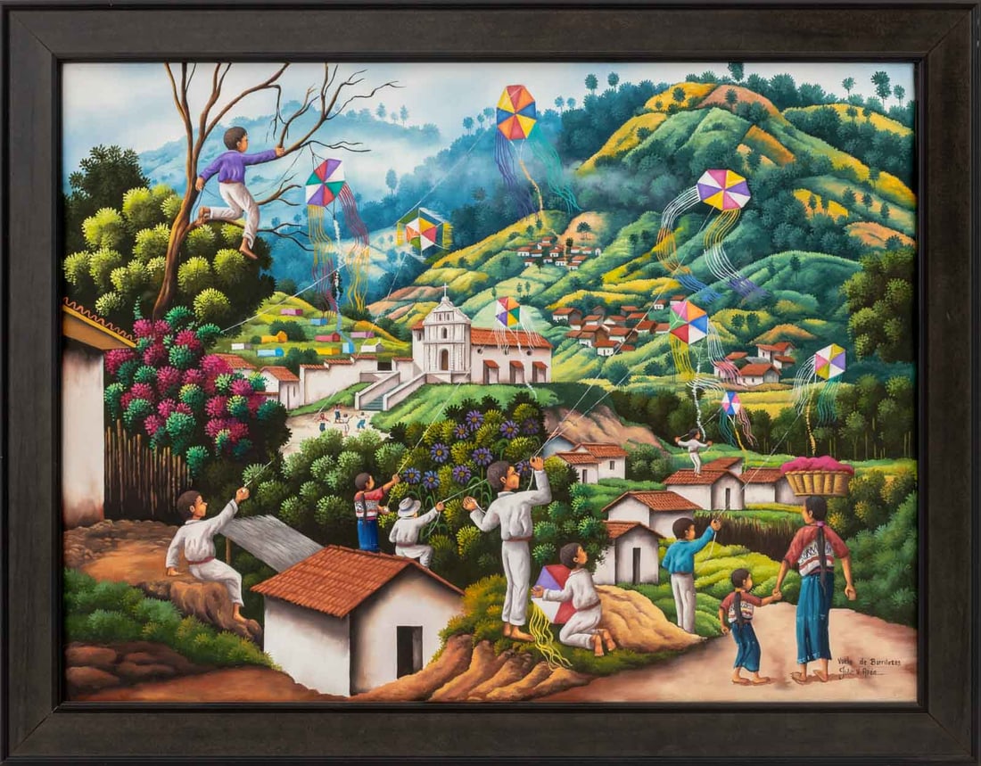 Julio V. Apen "Vuelo de Barriletes" Oil on Canvas: Julio V. Apen (Guatemalan, XX-XXI), "Vuelo de Barriletes" [Kite Flying], Oil on Canvas, signed and titled lower right, ebonized wood frame. Image: 17.75" H x 23" W; frame: 21.25" H x 27.25" W x 1" D.