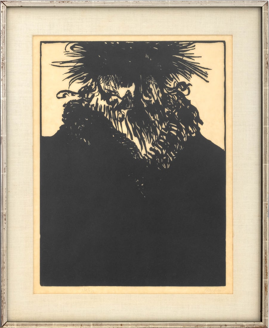 Leonard Baskin "The Mysterious Rebe ..." Woodcut: Leonard Baskin (American, 1922-2000), "The Mysterious Rebe of Northampton, Massachusetts", Woodcut on Paper, 1964, signed in pencil lower right, numbered edition "130/250" lower left, silvered and
