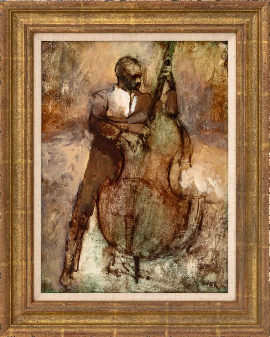 Lewis Sher Man Playing the Bass Oil on Panel: Lewis Joe Sher (American, 1922-2011), Portrait of a Man Playing the Upright Bass, Oil on Panel, signed lower right, giltwood frame. Image: 15.5" H x 11.5" W; frame: 20.25" H x 16.25" W x 1.75" D.
