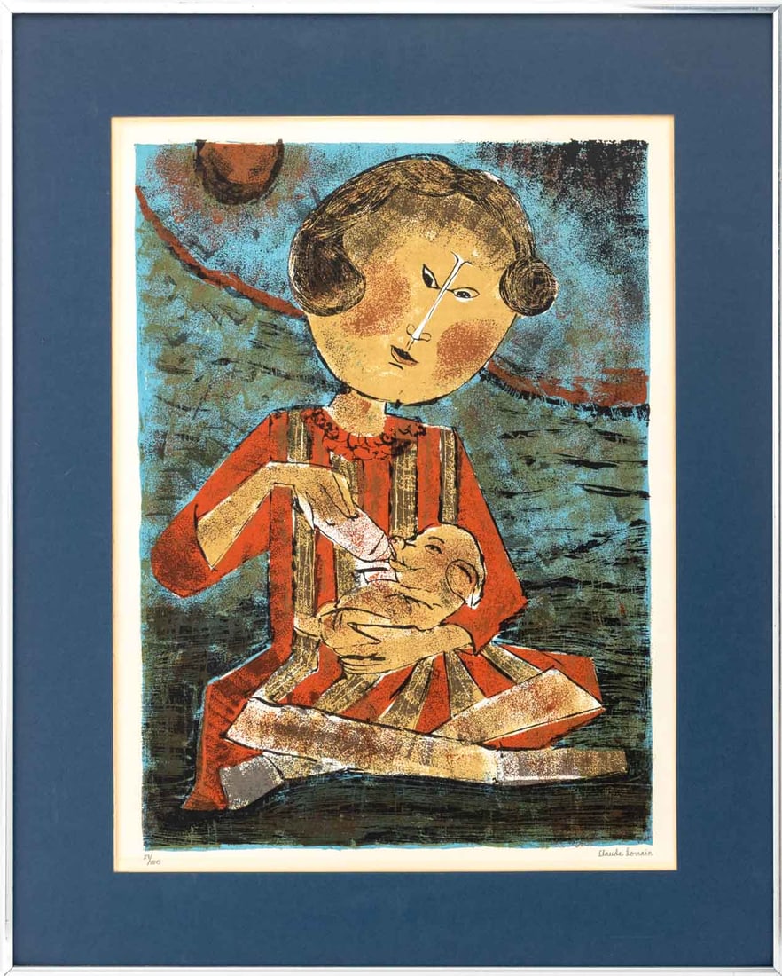 Claude Lorrain "Orphan" Lithograph: Claude Lorrain (XX), "Orphan", Lithograph in Colors, depicting a stylized woman bottle-feeding a piglet in her lap, signed in pencil lower right, numbered edition "29/180", chrome metal frame. Image: