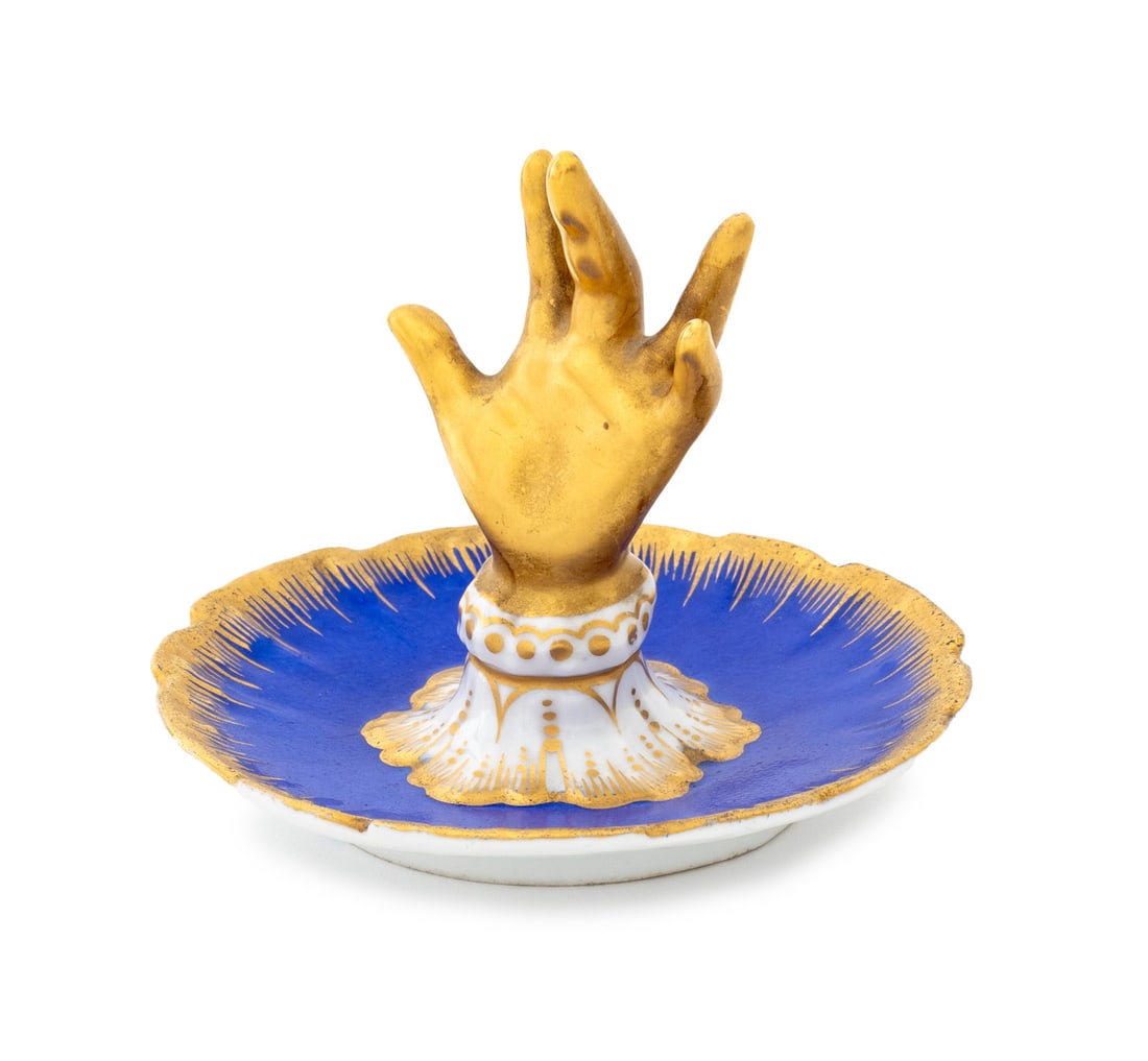 Samson Porcelain Hand Form Ring Holder: Samson Porcelain Hand Form Ring Holder, 19th century, the gilded hand on scalloped edge plate with blue glaze and gilt trim, Sevres style mark to the underside. 3.25" H x 3.75" Diameter. Provenance: