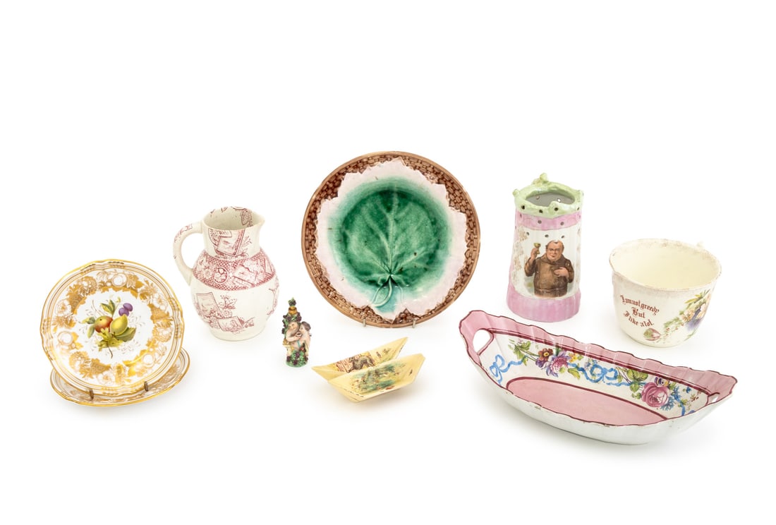 Spode, Etc. Ceramic Tableware, 9 Pcs.: Collection of Nine Ceramic Tableware Pieces, comprising: glazed pink and green stein with fine form handle and and painted monk to the front, English red transferware pitcher with floral and
