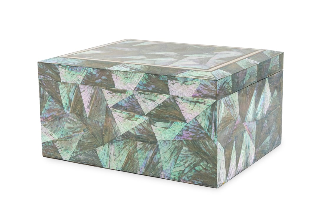 Modern Mother-of-Pearl Covered Jewelry Box: Modern Mother-of-Pearl Covered Jewelry Box, the hinged top opening to black velvet lined interior with fitted removable tray. 6.25" H x 12.25" W x 9.75" D. Provenance: From an East 72nd Street Estate.