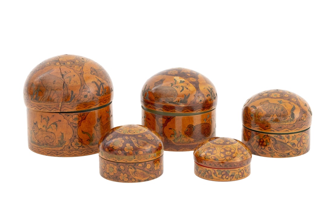 English Regency Satinwood Nesting Boxes, 5: Set of Five English Regency Satinwood Nesting Boxes, early 19th century, with dome tops and painted animal vignettes with floral backgrounds. Largest: 4.25" H x 4.5" Diameter. Provenance: From a