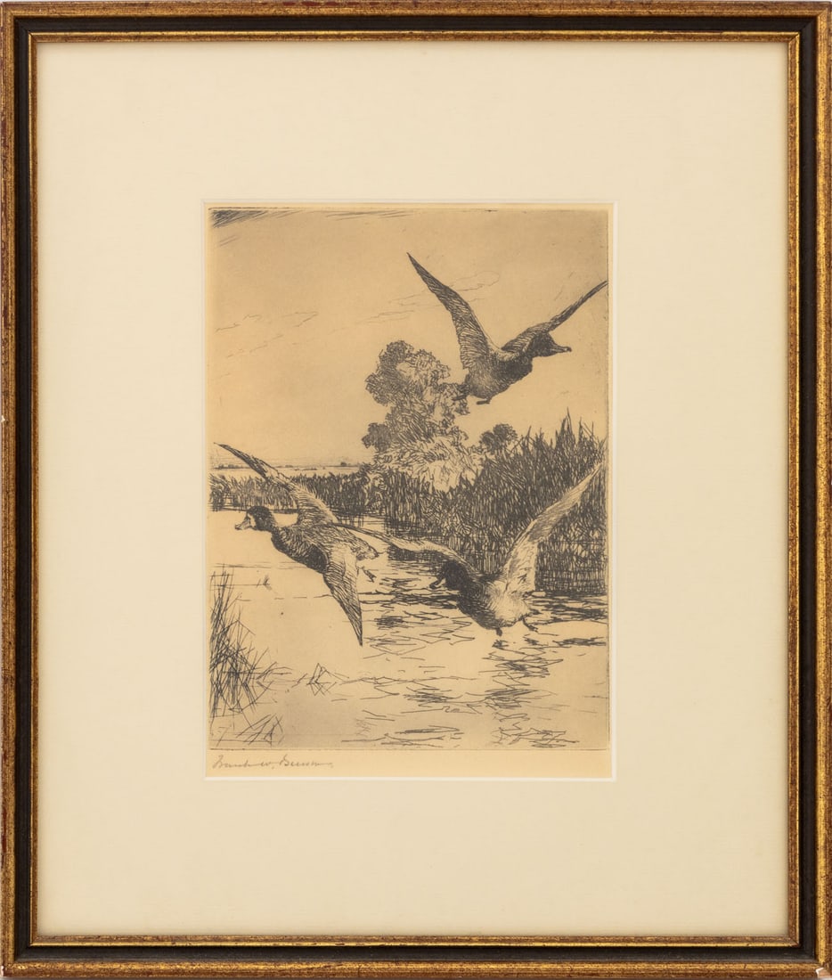 Frank Weston Benson Startled Ducks Etching, 1930: Frank Weston Benson (American, 1862-1951), Startled Ducks, Etching, 1930, signed in pencil lower left, ebonized and giltwood frame. Image: 7.75" H x 5.75" W; frame: 14" H x 12" W x 0.75" D.