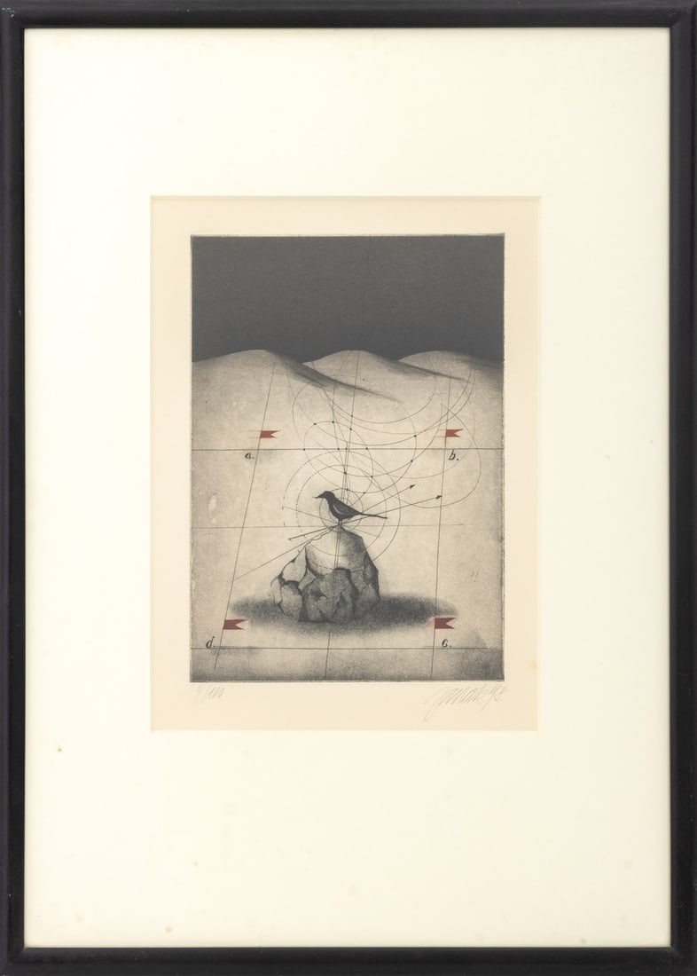 Alois Janak "Bird" Etching, 1978: Alois Janak (German, b. 1924), "Bird", Etching in Colors, 1978, signed and dated lower right, numbered edition "9/100" lower left, ebonized wood frame. Image: 1.25" H x 8.25" W; frame: 25" H x 18" W