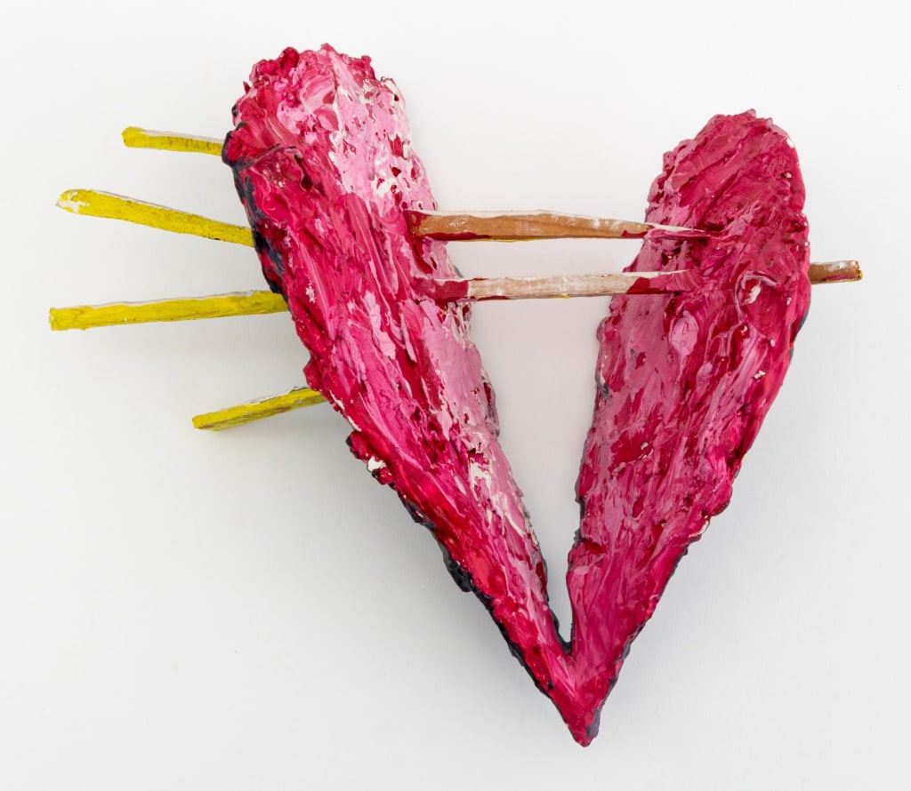 Elfi Schuselka Shot Through The Heart Sculpture: Elfi Schuselka (Austrian, b. 1940), Shot Through The Heart, Mixed Media Wall Sculpture, spiked through, apparently unsigned. 10" H x 7.5" W x 4.5" D. Provenance: From the collection of the artist. Not