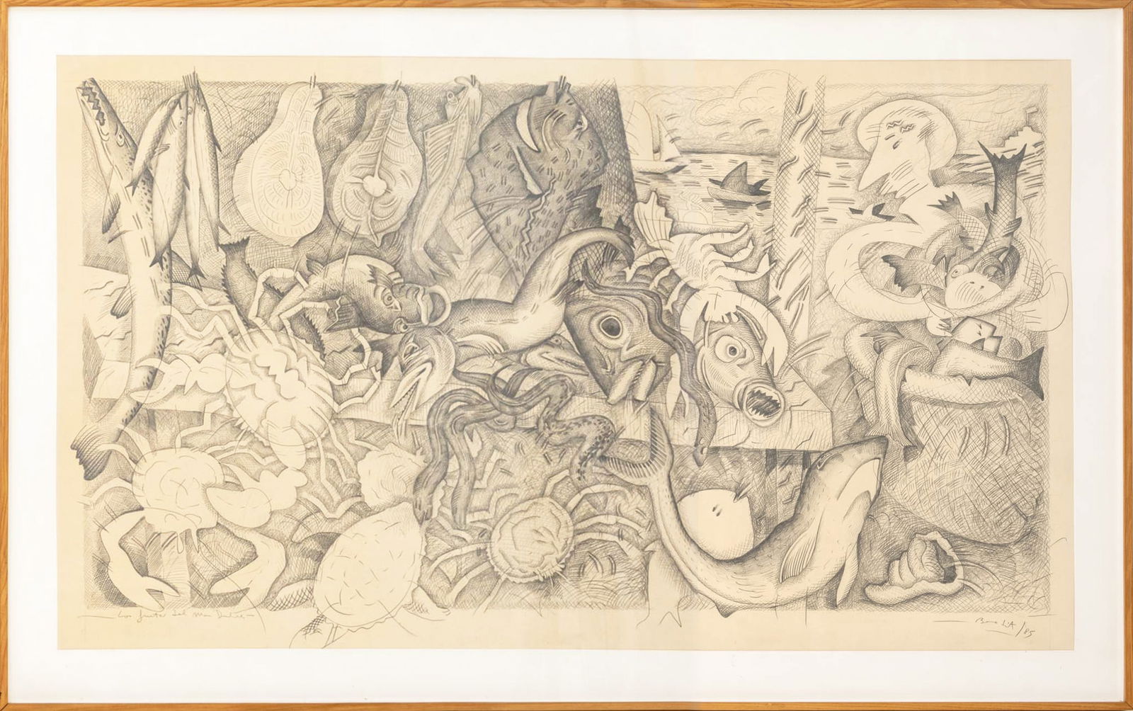 Luis Fernando Benedit "Los Frutos del Mar Dulce": Luis Fernando Benedit (Argentine, 1937-2011), "Los Frutos del Mar Dulce" [The Sweet Fruits of the Sea], Graphite on Paper, 1985, signed and dated in pencil lower right, titled lower left, wood frame.