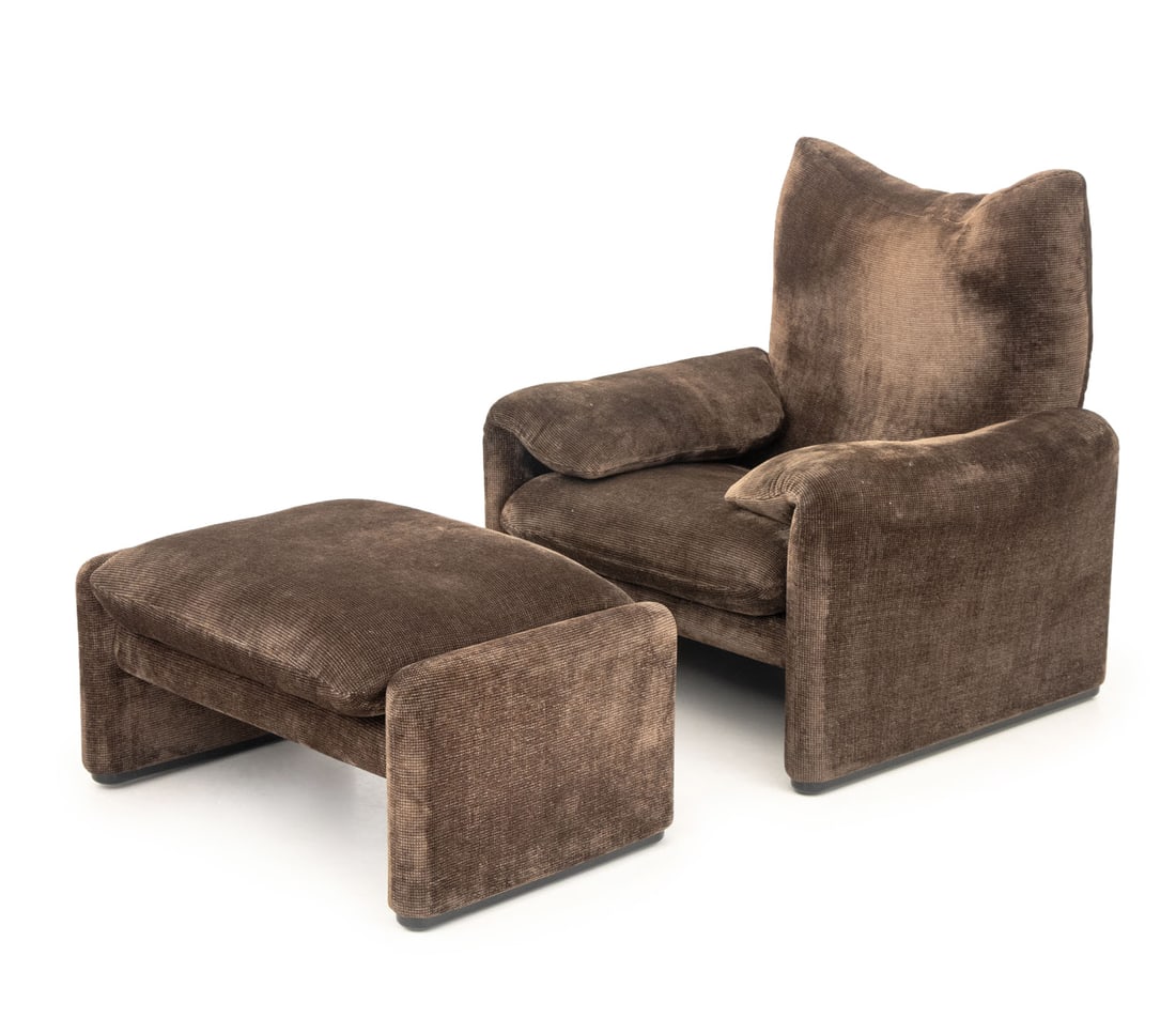 Vico Magistretti "Maralunga" Chair & Ottoman: Vico Magistretti for Cassina "Maralunga" Lounge Chair and Ottoman, upholstered in chocolate brown chenille, marked beneath cushions. Chair: 38.5" H x 39" W x 31" Dl seat: 16.5" H. Provenance: From a 2
