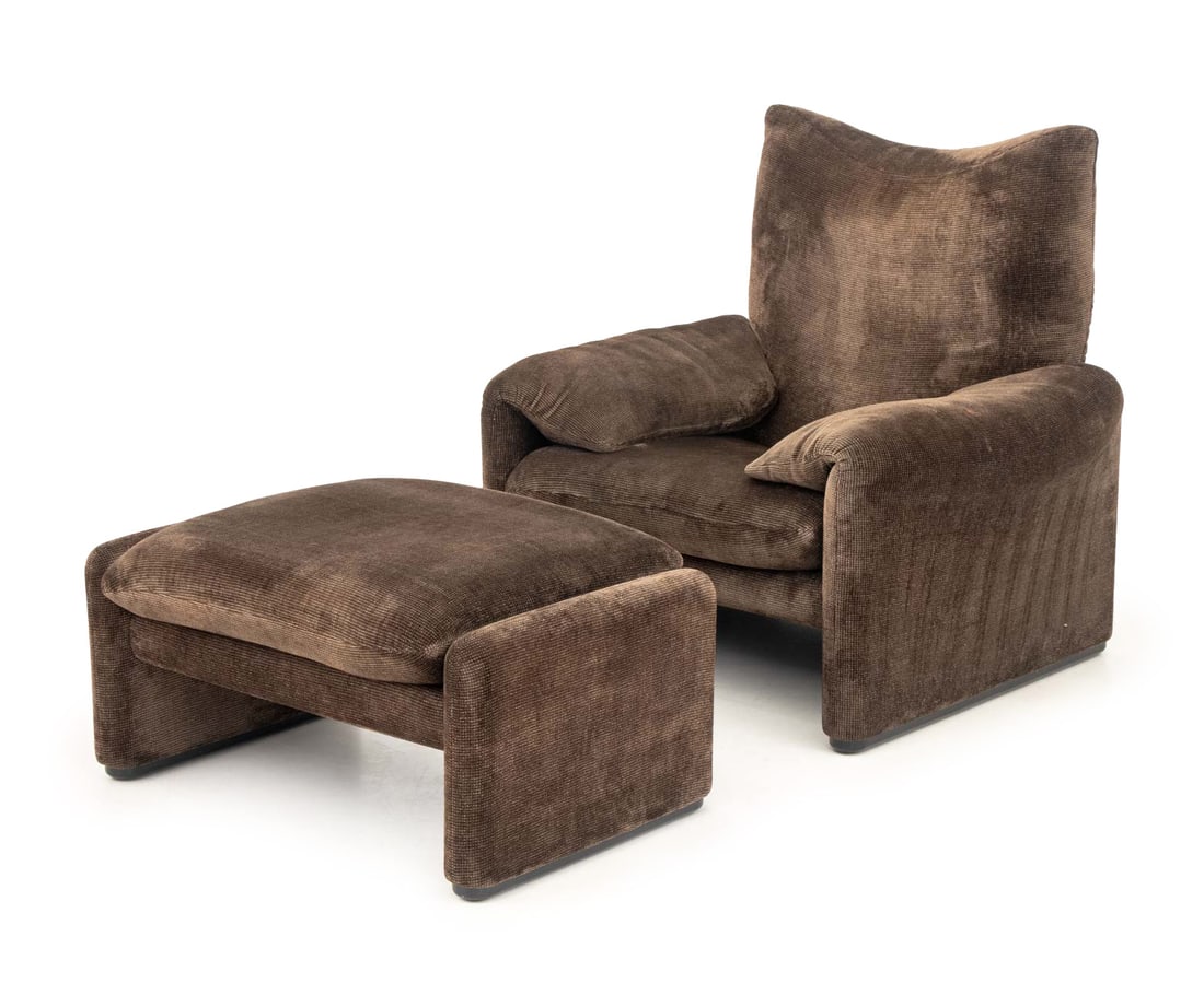 Vico Magistretti "Maralunga" Chair & Ottoman: Vico Magistretti for Cassina "Maralunga" Lounge Chair and Ottoman, upholstered in chocolate brown chenille, marked beneath cushions. Chair: 38.5" H x 39" W x 31" Dl seat: 16.5" H. Provenance: From a 2
