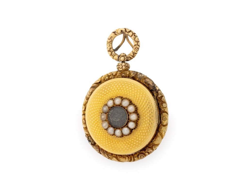 Victorian 14K Gold Seed Pearl Memorial Locket: Victorian 14K Yellow Gold Seed Pearl Memorial Locket Pendant, decorated with engine turned guilloche enamel finish, featuring twelve seed pearls approx. 3.0 mm., designed with crystal frame covering r