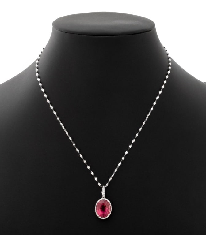 18K Gold PT 950 Rubellite Diamond Pendant Necklace: 18K White Gold PT 950 Platinum Rubellite Diamond Pendant Necklace, detachable pendant with hinged bail, featuring one prong set oval brilliant cut rubellite tourmaline weighing approx. 6.25 carats, fu