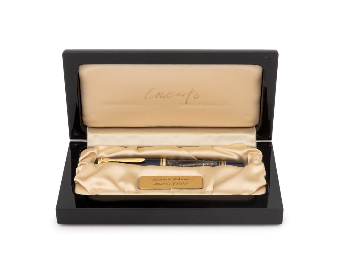 Pelican Concerto Limited Edition Fountain Pen: Pelican Concerto Limited Edition Fountain Pen, with 18K yellow gold nib, in blue resin and vermeil decorated case, marked "925" on the collar, numbered edition "3625/4000", in black resin fitted case