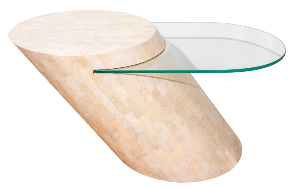 Karl Springer Tessellated Cantilevered Side Table: Karl Springer Mid-Century Modern Tessellated Stone Cantilevered Glass Top Side Table. 17" H x 34" W x 18" D. Provenance: Property from the Long Island residence of a collector and longtime friend of V